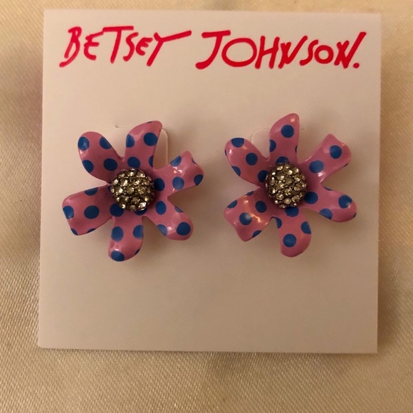 Betsey Johnson Enchanted Garden Pink Flower Stud Earrings Blue Polka Dots NWT - Picture 3 of 11